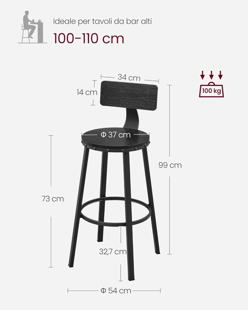 VASAGLE Sgabello da Bar, Set di 2 sgabelli da Bar, sedie da Cucina con Struttura in Metallo, Altezza Seduta 73 cm, Facile Installazione, Design Industriale, Ebano Nero LBC026B56V1