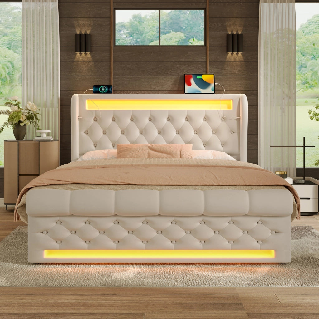 Letto matrimoniale 140x190 cm in velluto beige con LED; contenitore idraulico e ricarica USB Type-C
