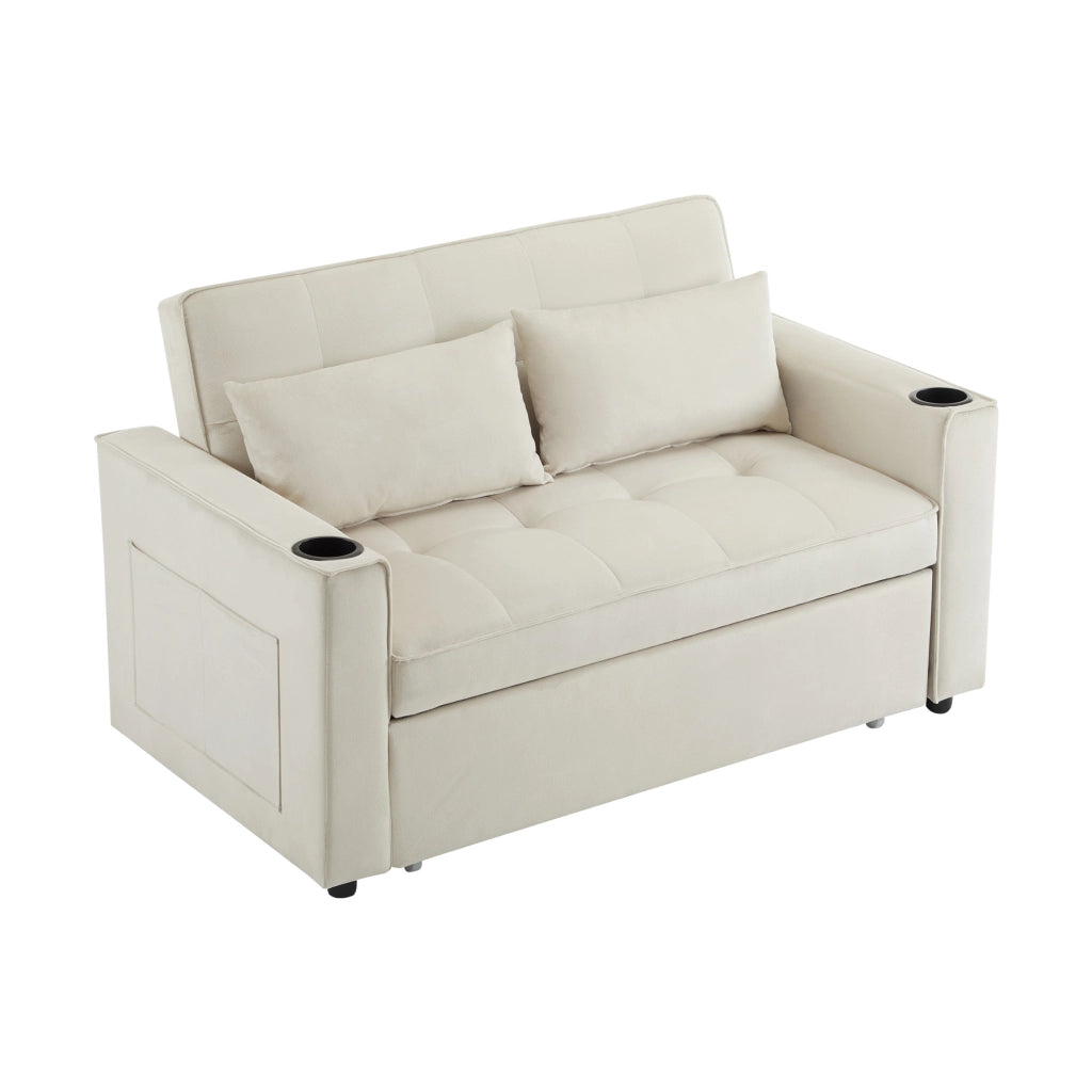 OKWISH Divano Letto 2 Posti, Schienale Regolabile a 3 Posizioni con Portabicchieri, Tasche Laterali e Cuscini, Velluto Beige