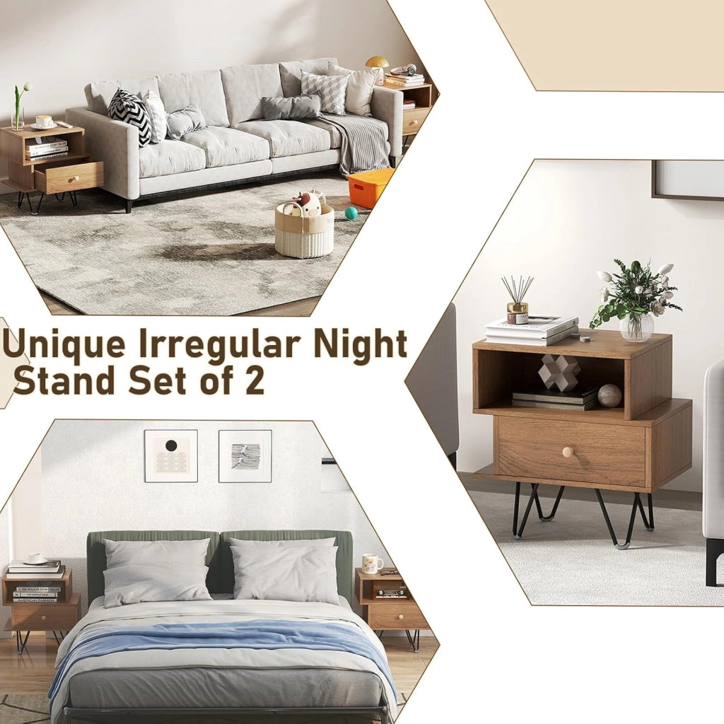 Set di 2 Comodini, Tavolini da Letto in Stile Moderno con Cassetto Rimovibile e Scomparto Aperto, Tavolini da Accento con Gambe in Metallo per Camera da Letto (Naturale)