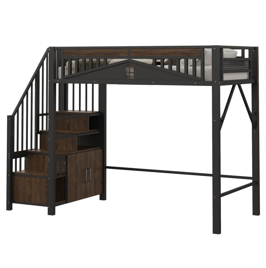 Letto a soppalco 90x200 cm con scala; contenitore e finestra in metallo e legno nero