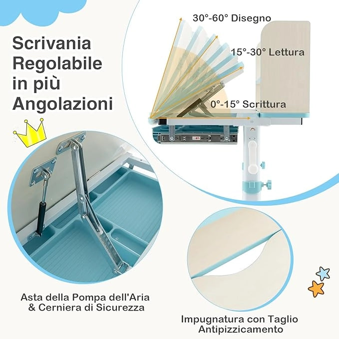 Scrivania per Bambini, Banco Scuola per 3-12 Anni Regolabile in Altezza da 50cm a 73cm con Piano Inclinabile 60°, Scrittoio Cameretta Multifunzionale con Libreria e Cassetto (Blu)