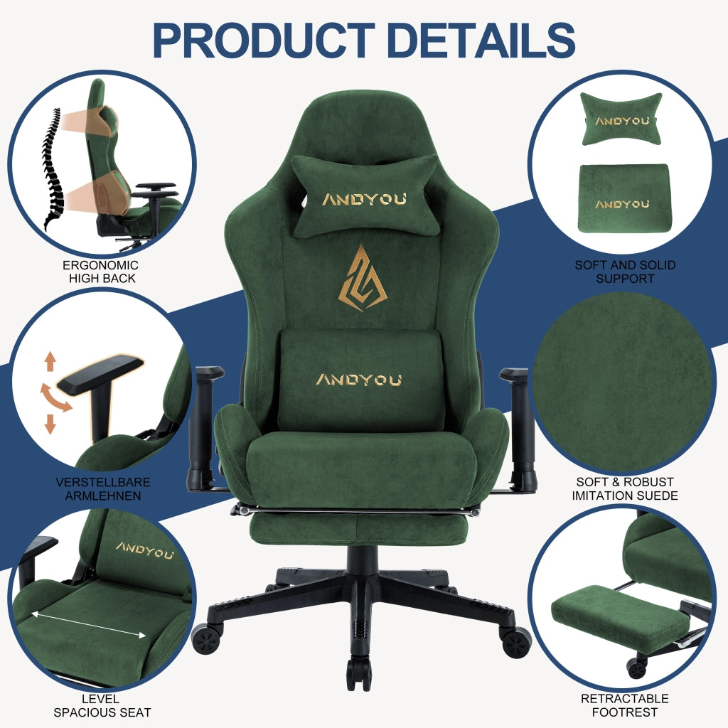 Sedia Gaming con Poggiapiedi Regolabile e Girevole ¨C zephmum ¨C Verde
