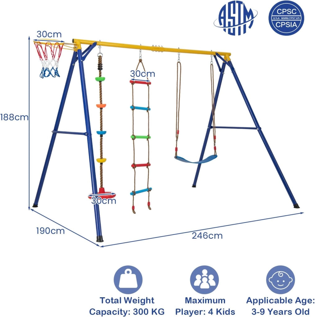 Set di altalena per bambini, 4 in 1, con altalena, scaletta e cestino da basket, altalena da giardino con struttura, struttura da gioco per bambini all'aperto, WY00233HNDE