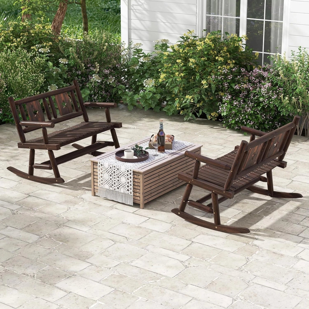 Panca a Dondolo da Giardino, Sedia a Dondolo in Legno con Seduta Ergonomica, Doppia Poltrona a Dondolo in Legno Massiccio per Esterno, Portico, Giardino, 111 x 85 x 89 cm