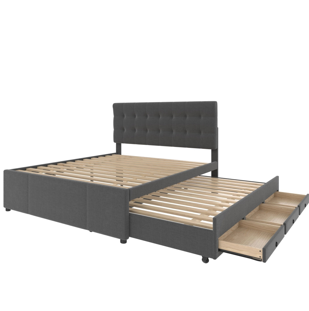 Letto imbottito 140x200 cm; estraibile con 3 cassetti; testiera regolabile; lino; grigio (Senza materasso)