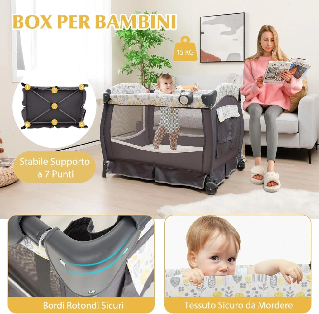 4 in 1 Lettino da Campeggio con Fasciatoio, Lettino Pieghevole per Bambini con Materasso, Centro Neonati con Culla, Box Musicale, Cappottina Regolabile, Borsa da Viaggio (Foglie)
