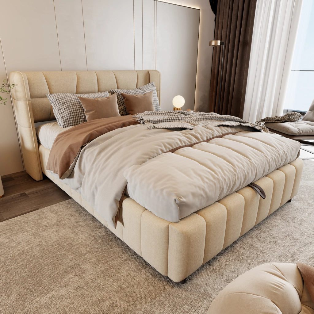 Letto contenitore 140 × 200 cm con vano sollevabile, senza materasso, in tessuto, beige