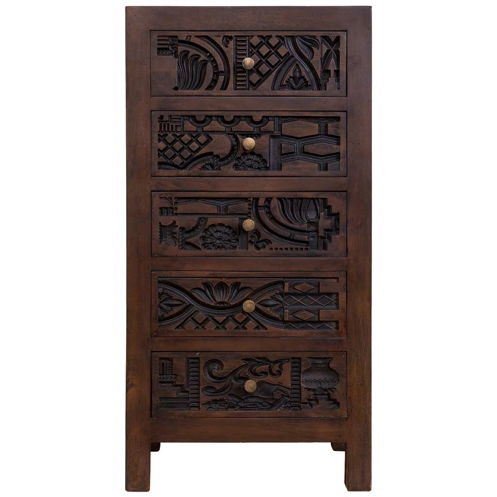 Cassettiera in legno marrone intagliato a mano, 45x40x100h cm