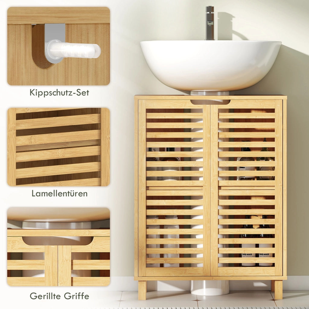 Mobiletto sottolavabo per bagno ¨C Minimal ¨C legno di bamb¨´, ante a lamelle, ripiani regolabili, colore naturale