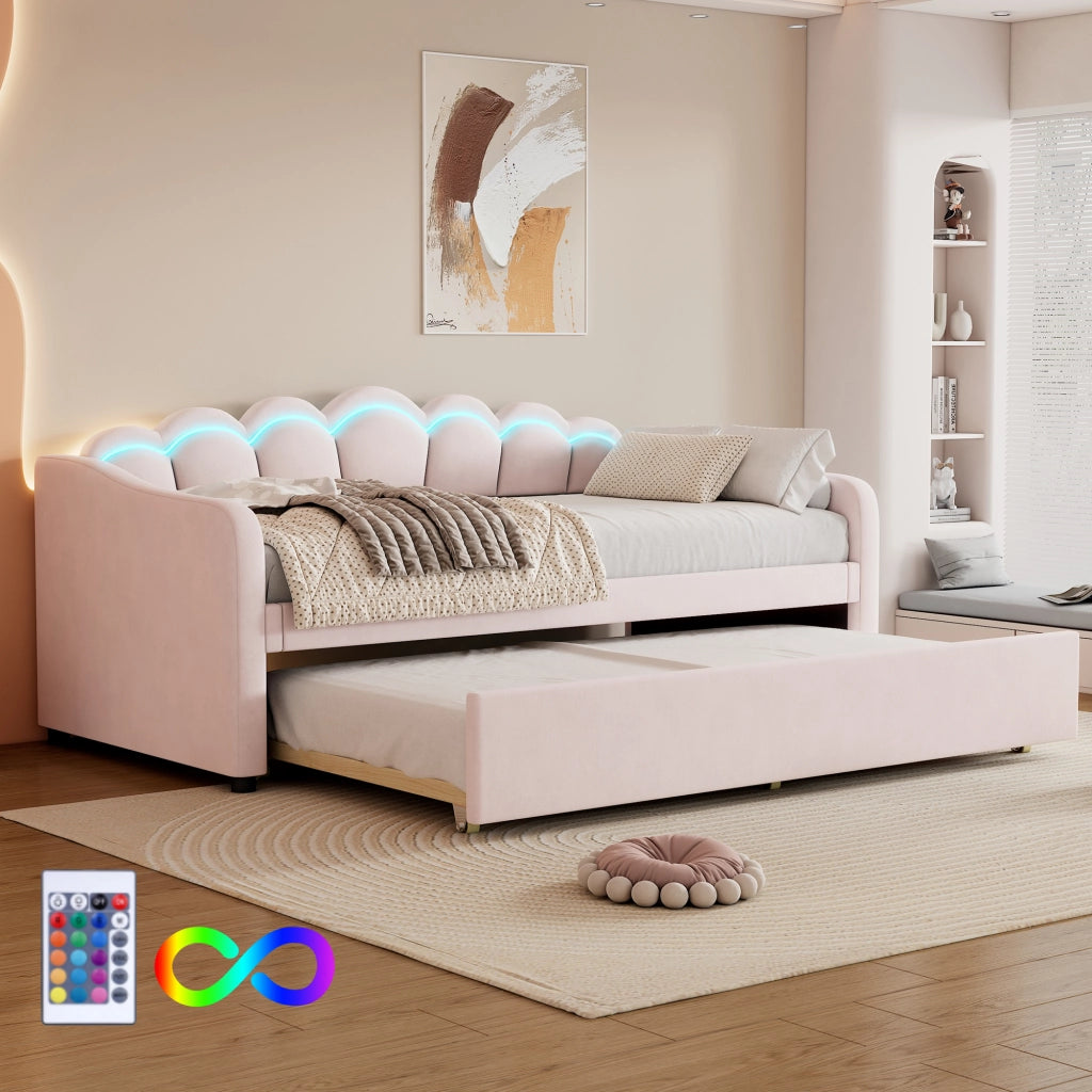 Letto estraibile singolo 90×200 cm con LED regolabile e rete; senza materasso; velluto; rosa