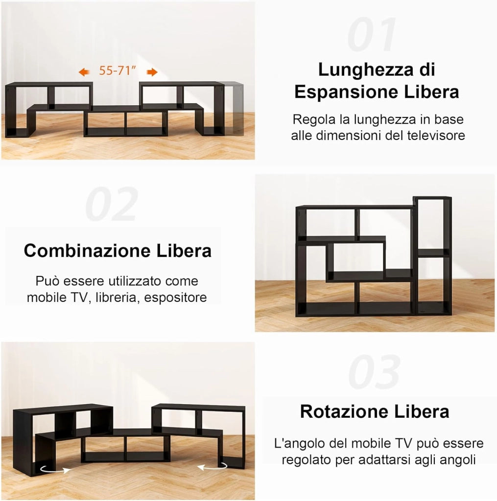 Mobile Porta TV Combinabile con Ripiani Aperti, per TV Fino a 65 Pollici, Mobile TV di Legno per Camera da Letto, Soggiorno, Capacità di Carico Massima 80 kg, 134-180 x 30 x 43 cm (Nero)