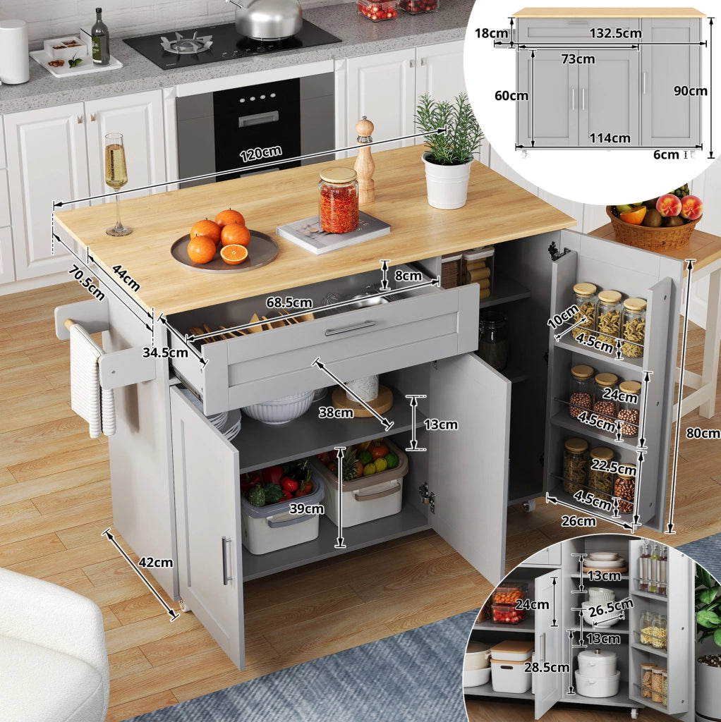 Carrello cucina mobile grigio con piano pieghevole e 5 ruote