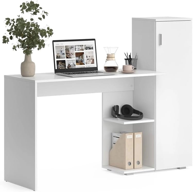 Scrivania per computer Ritz, Bianco, 141.2 x 45.2 cm, per l’utilizzo come scrivania con modulo scaffale laterale