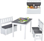 Set 4 Pezzi Tavolo e Sedie per Bambini, Set Tavolo Attività di Legno 2 in 1 per Bambini con 2 Sedie e 1 Panca, Per Bambini per Giocare Disegnare Leggere e Mangiare (Grigio)