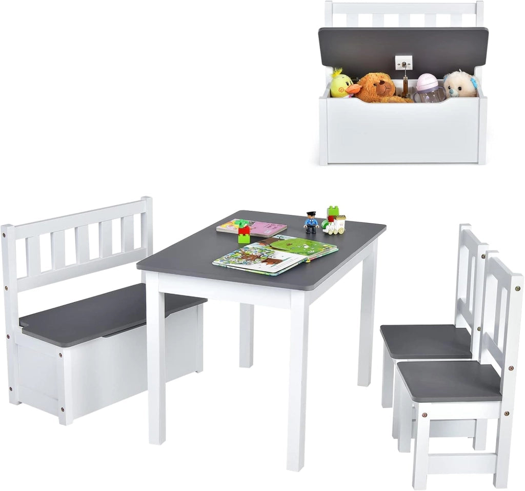 Set 4 Pezzi Tavolo e Sedie per Bambini, Set Tavolo Attività di Legno 2 in 1 per Bambini con 2 Sedie e 1 Panca, Per Bambini per Giocare Disegnare Leggere e Mangiare (Grigio)