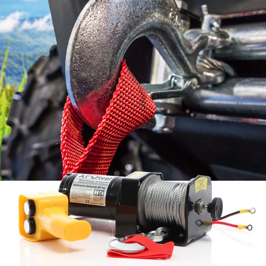 Set Argano elettrico 907kg 12V con fune d'acciaio 12,5m 1CV e guida a rulli da 907-1587kg