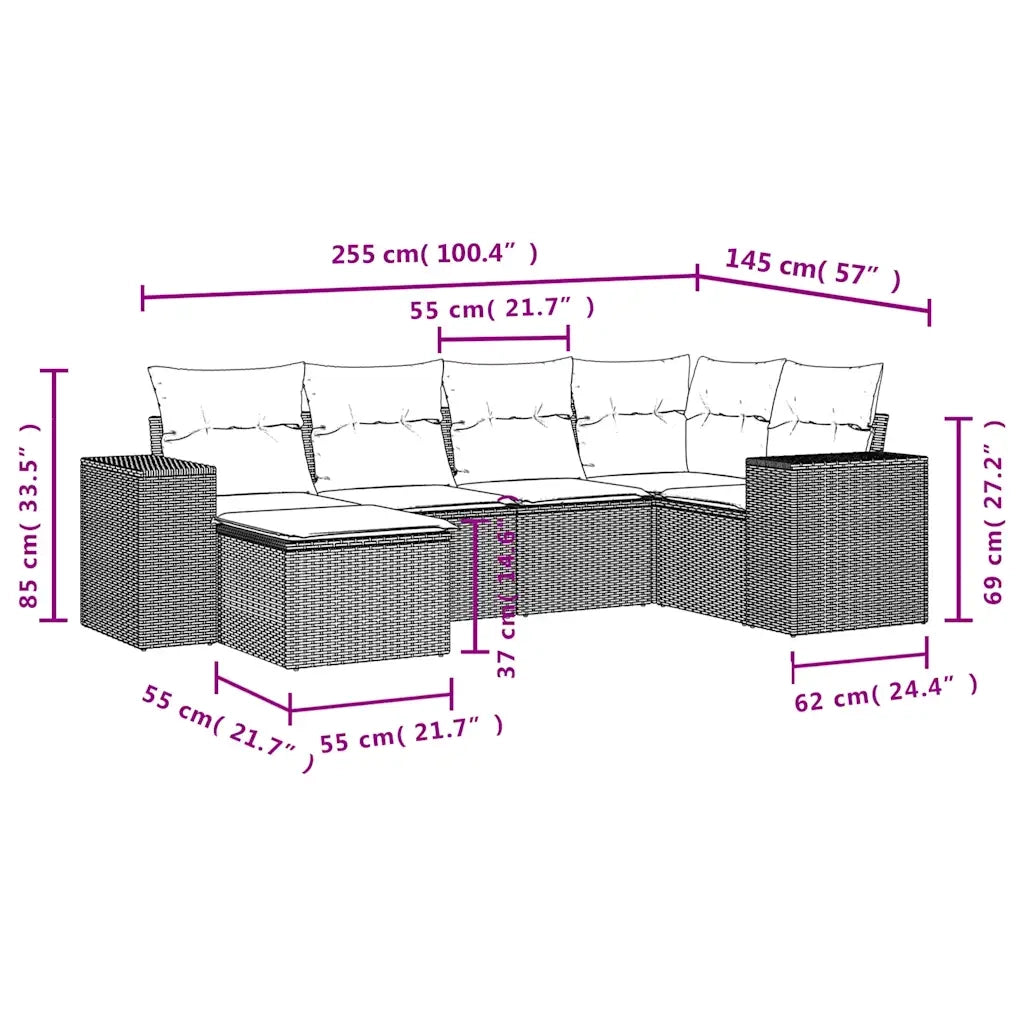 Set Divano da Giardino 6 pz con Cuscini Marrone in Polyrattan