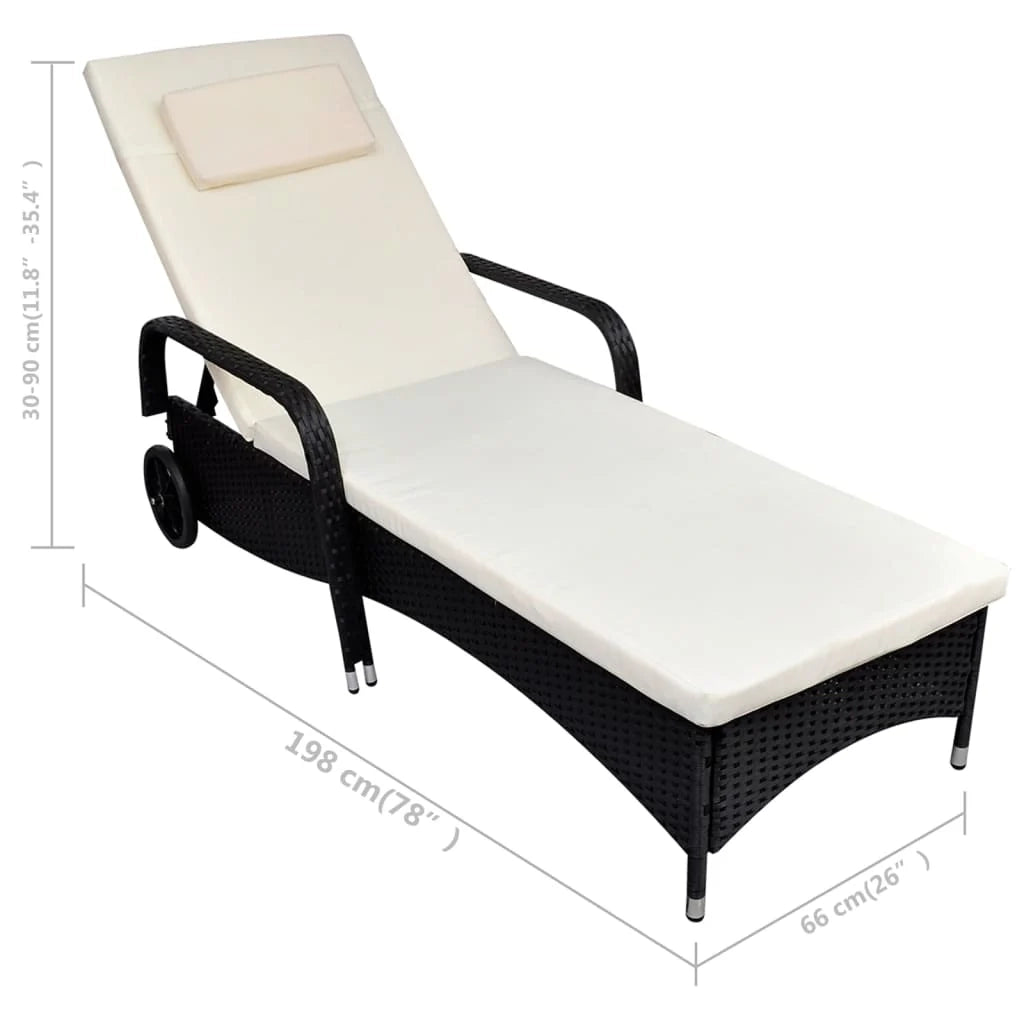 Lettino prendisole sedia a sdraio lettino prendisole letto da giardino mobili da esterno per patio con cuscino e ruote resina intrecciata nera 02_0012450