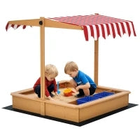 Sabbiera per Bambini in Legno con Tettuccio Regolabile, Sedute e Vaschette, 107.5x107.5x100 cm