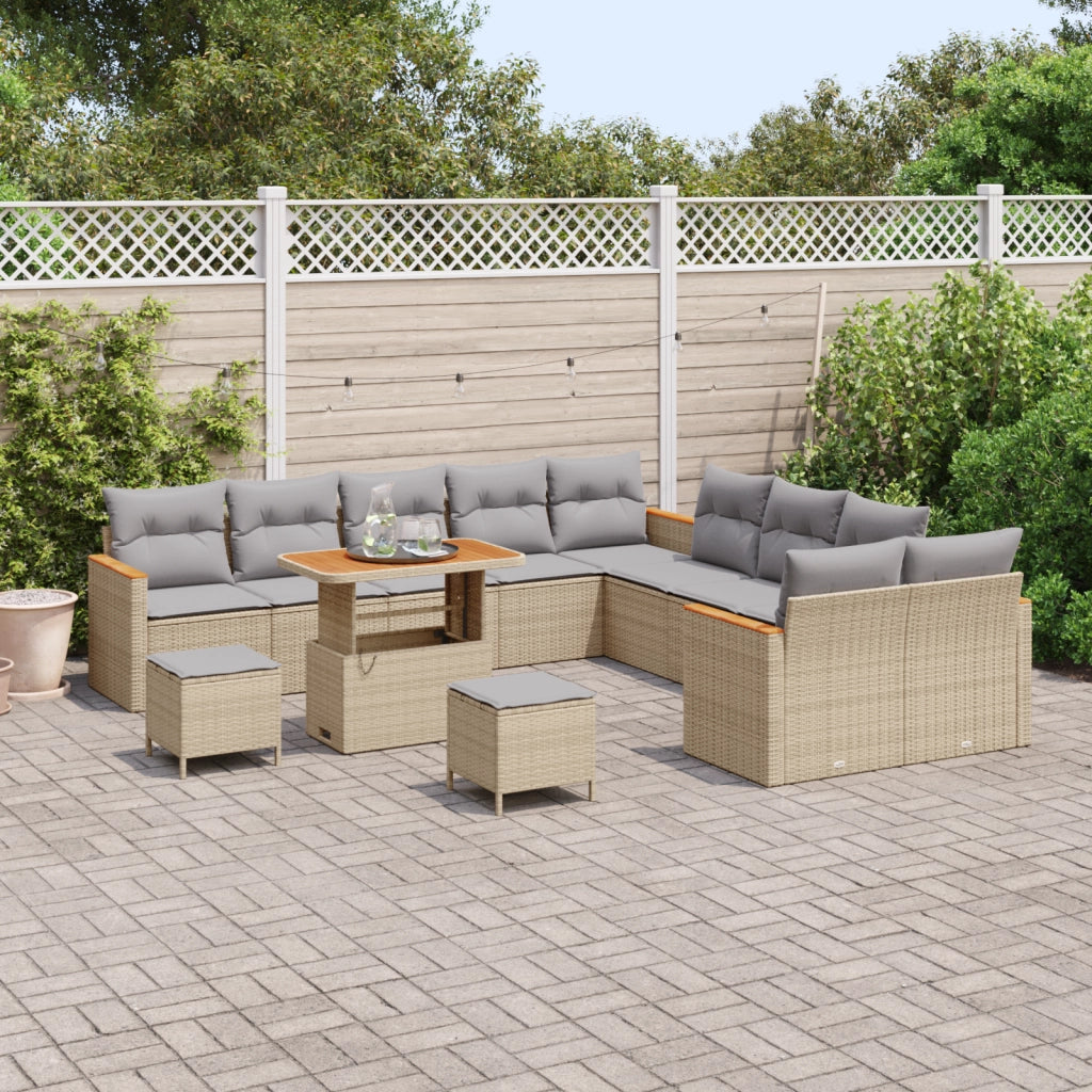 Set da giardino da 13 pezzi con cuscini beige in polyrattan acacia