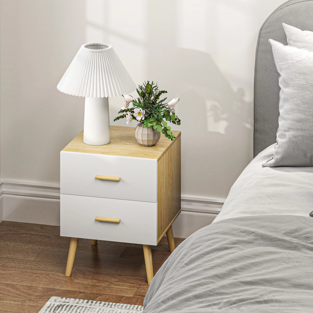 Comodino in Stile Scandinavo 40x40x50 cm con 2 Cassetti in Legno Bianco
