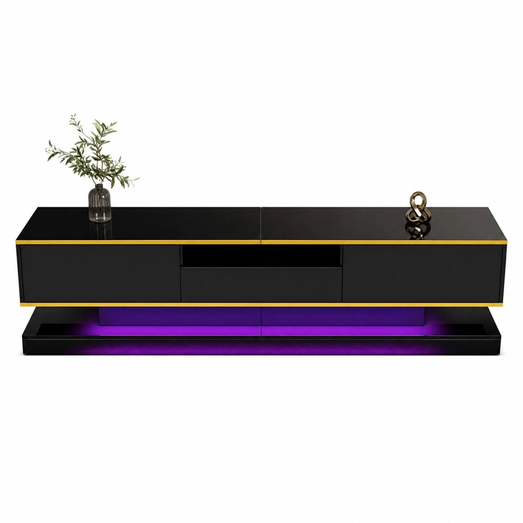 Mobile TV moderno da 180 cm con 3 cassetti; finitura lucida; LED multicolore; nero e oro