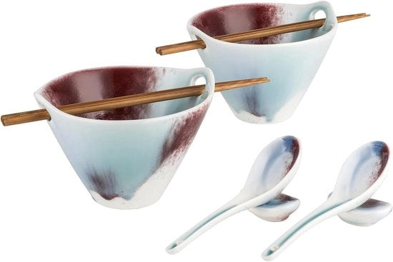 Set di Ciotole per Minestra - 2 pezzi di Ciotola per Ramen da 600 ml con cucchiaio e bastoncini per cibo - ideale per pasta, muesli e insalata - ciotole blu e rosse