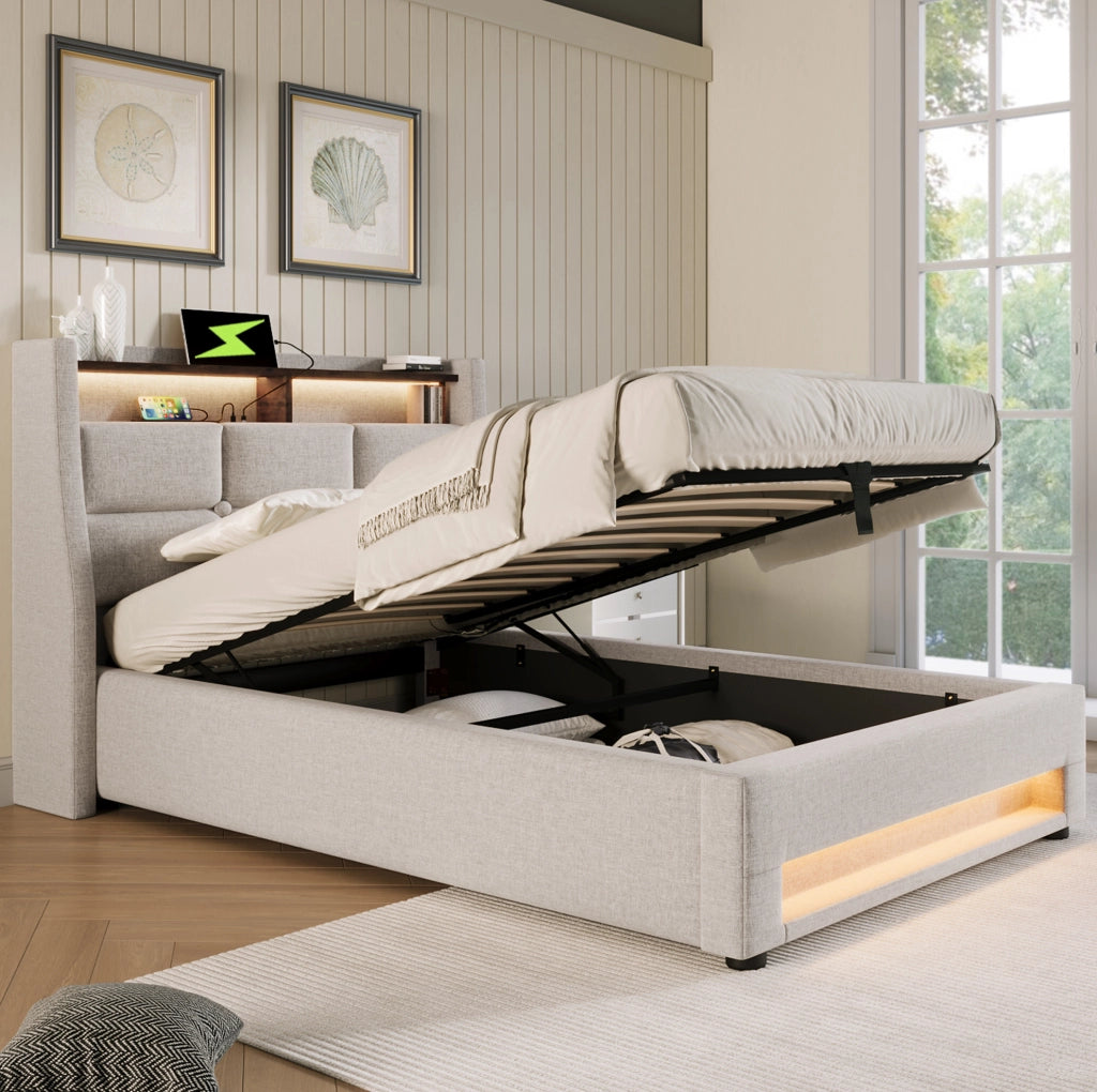 Letto matrimoniale imbottito 90x200 cm con USB e LED; effetto lino beige chiaro