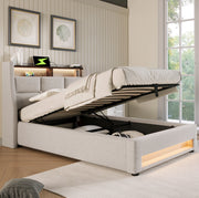 Letto matrimoniale imbottito 90x200 cm con USB e LED; effetto lino beige chiaro