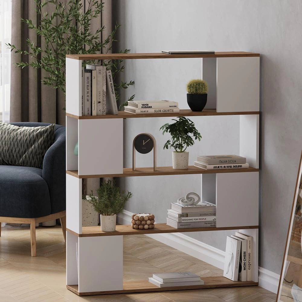 Divisorio per ambienti Eneos, Rovere bianco/dorato, 100 x 124.5 cm, utilizzabile come scaffale autoportante per una suddivisione flessibile degli spazi