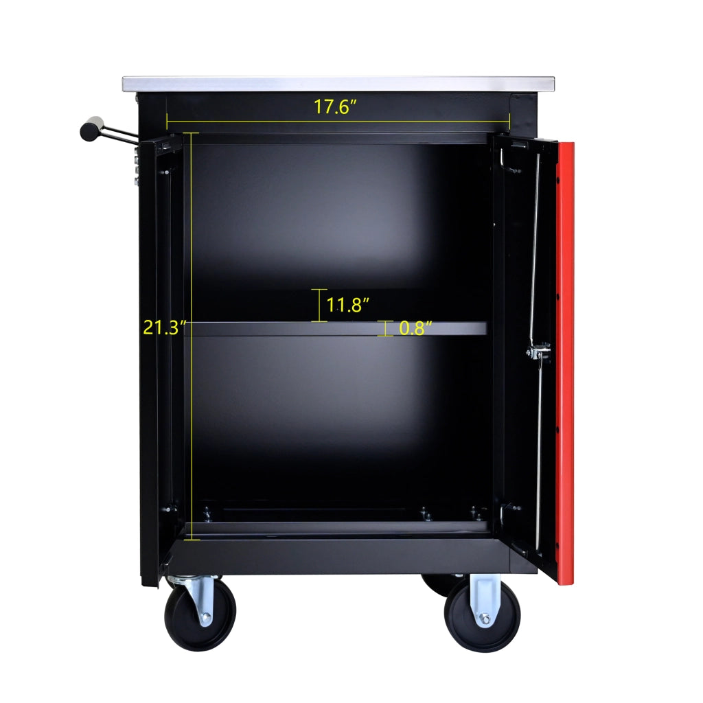 Carrello porta utensili a doppia anta con 4 ruote e serratura in acciaio nero e rosso 62,5 × 34,5 × 78 cm