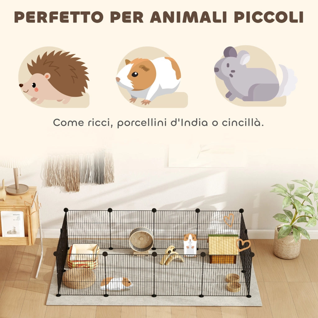 Recinto per Animali Modulabile e Multilivello 140x70x35 cm con 12 Pannelli e Bordi Arrotondati in Metallo e ABS Nero