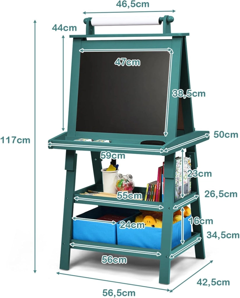 3 in 1 Cavalletto per Bambini con Doppia Faccia, Cavalletto per Disegno con 2 Vassoi e 2 Scatole, Lavagna Bambini in Legno (Blu)