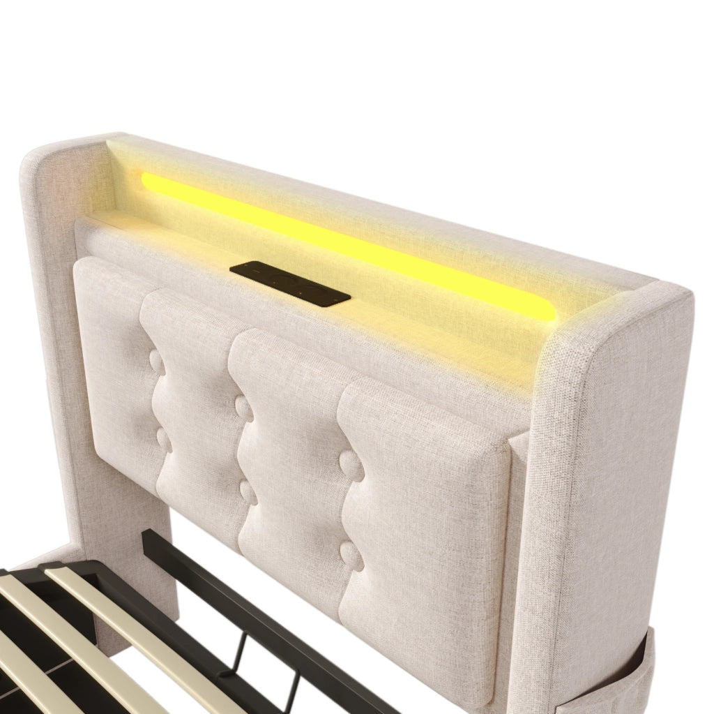 Letto matrimoniale 90x200 cm imbottito con testiera LED; prese e USB; beige in cotone-lino