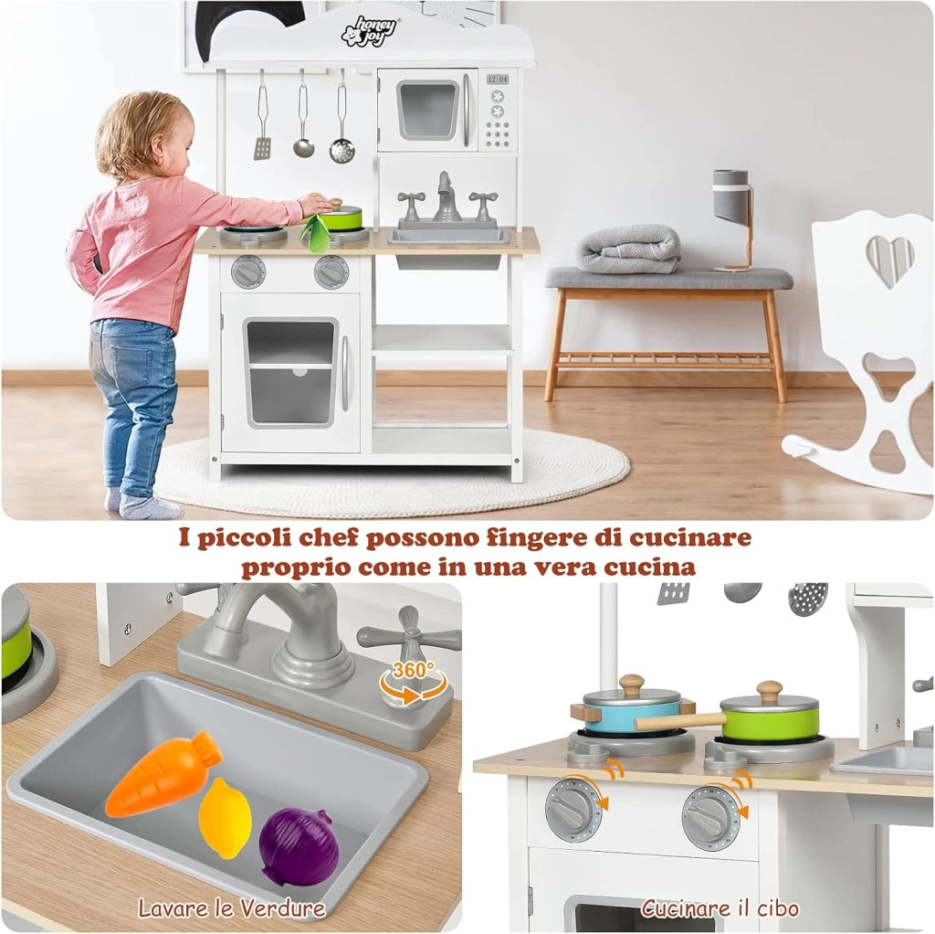 Cucina Giocattolo per Bambini, Cucina per Bambini in Legno con Forno, Microonde, Lavello e Rubinetto, con Accessori, Pentole e Utensili per Cucinare, per bambini 3+ Anni