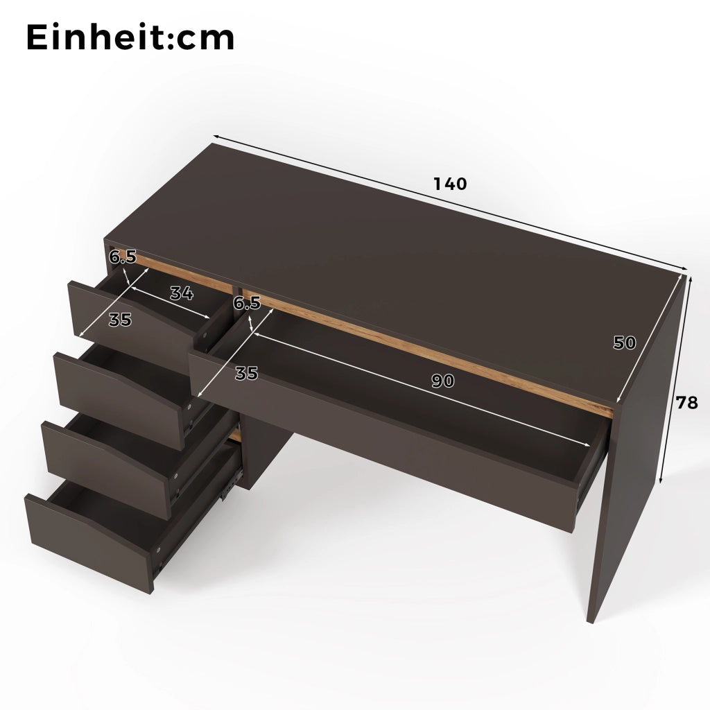 Scrivania dritta con 5 cassetti e piano ampio, grigio e rovere, per studio e camera, MDF, 140 × 50 × 78 cm