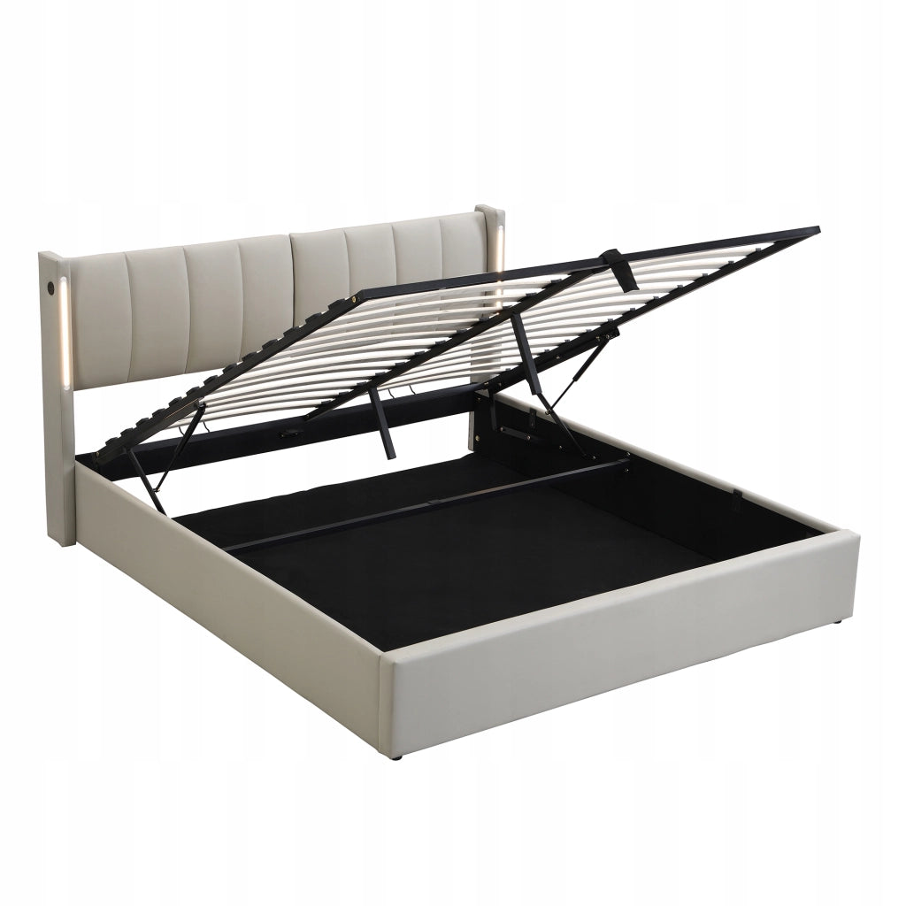 Letto imbottito con LED - Xylo - 140x190 - Grigio - Sistema idraulico