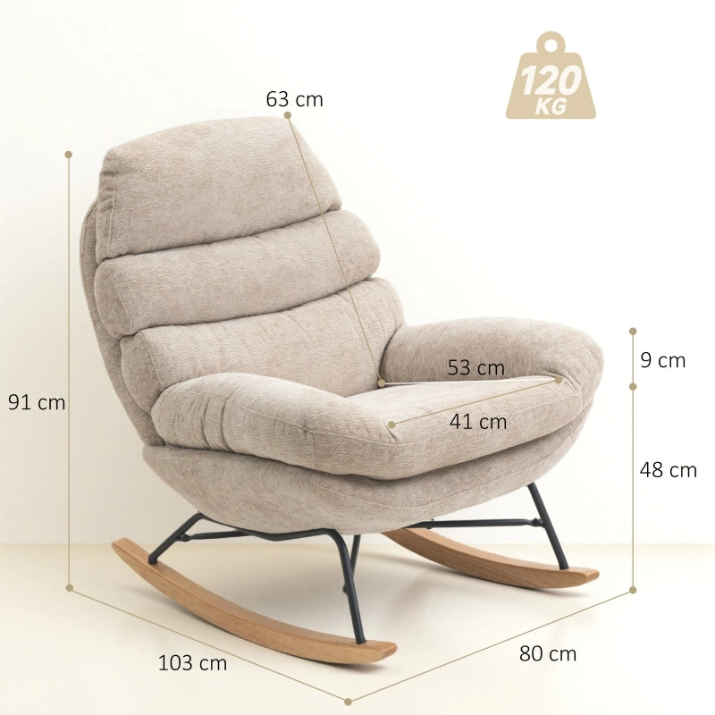 Poltrona a dondolo in poliestere con schienale imbottito e base in acciaio e legno crema bianco 80 × 103 × 91 cm