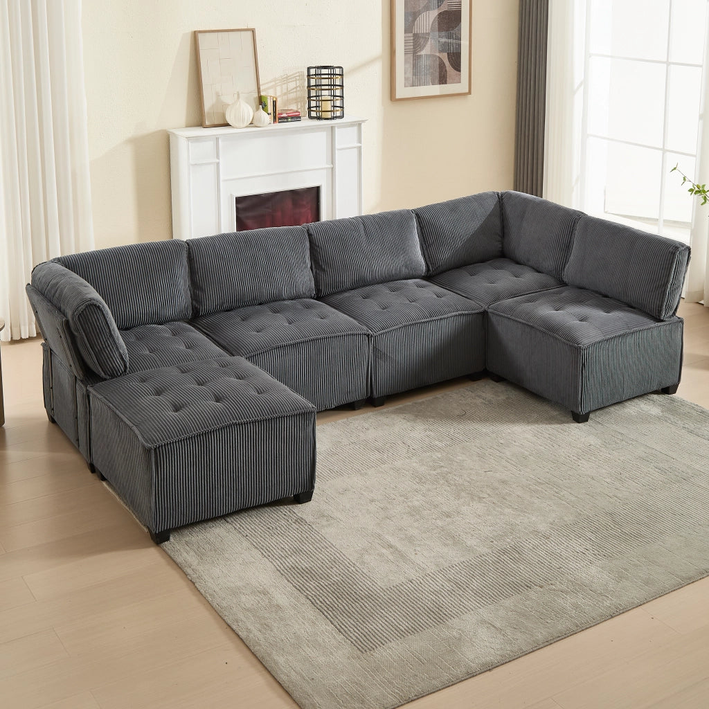 DIVANO Modulare 6 posti 308x154x81,99 cm in tessuto a coste grigio