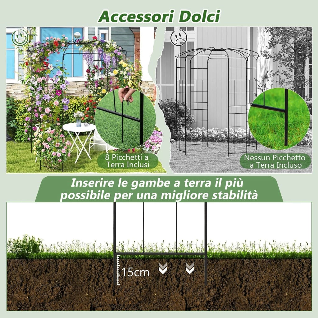 Traliccio ad Arco in Metallo Zincato per Piante Rampicanti, Gazebo a Forma di Gabbia per Uccelli con Gancio e Paletti, Pergola da Giardino per Cerimonie, 198 x 284 cm, Nero