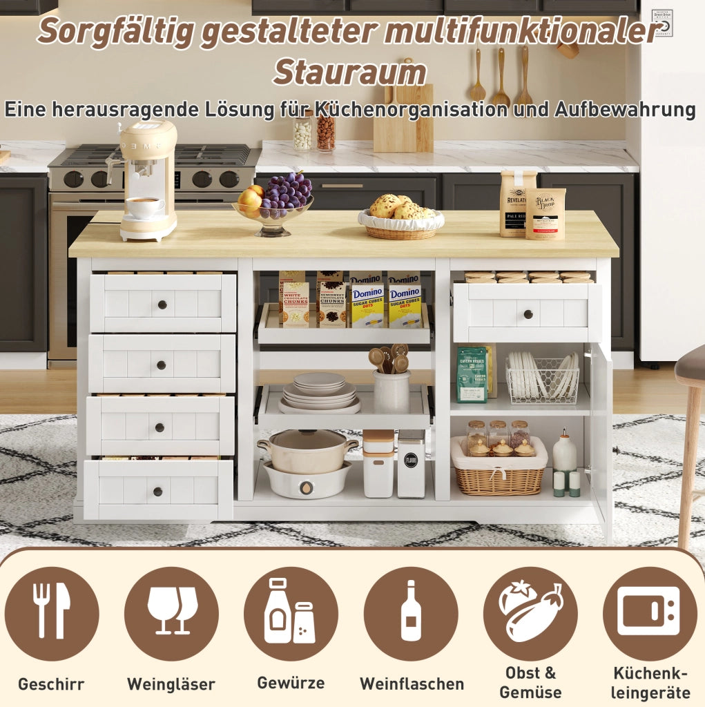 Isola da cucina con piano pieghevole, prese USB, 150x65x75,5 cm