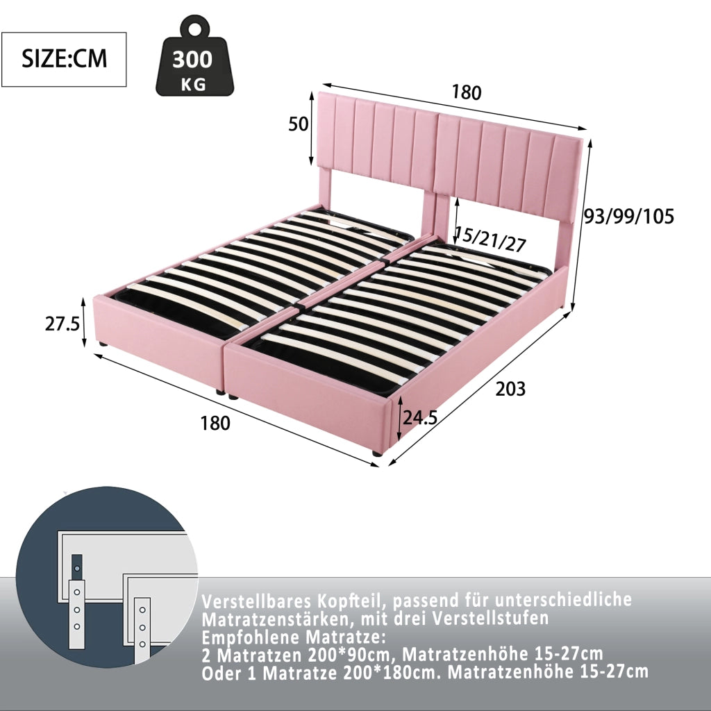 Letto contenitore matrimoniale; vano e testiera regolabile; 180×200 cm e 2×90×200 cm; senza materasso; rosa