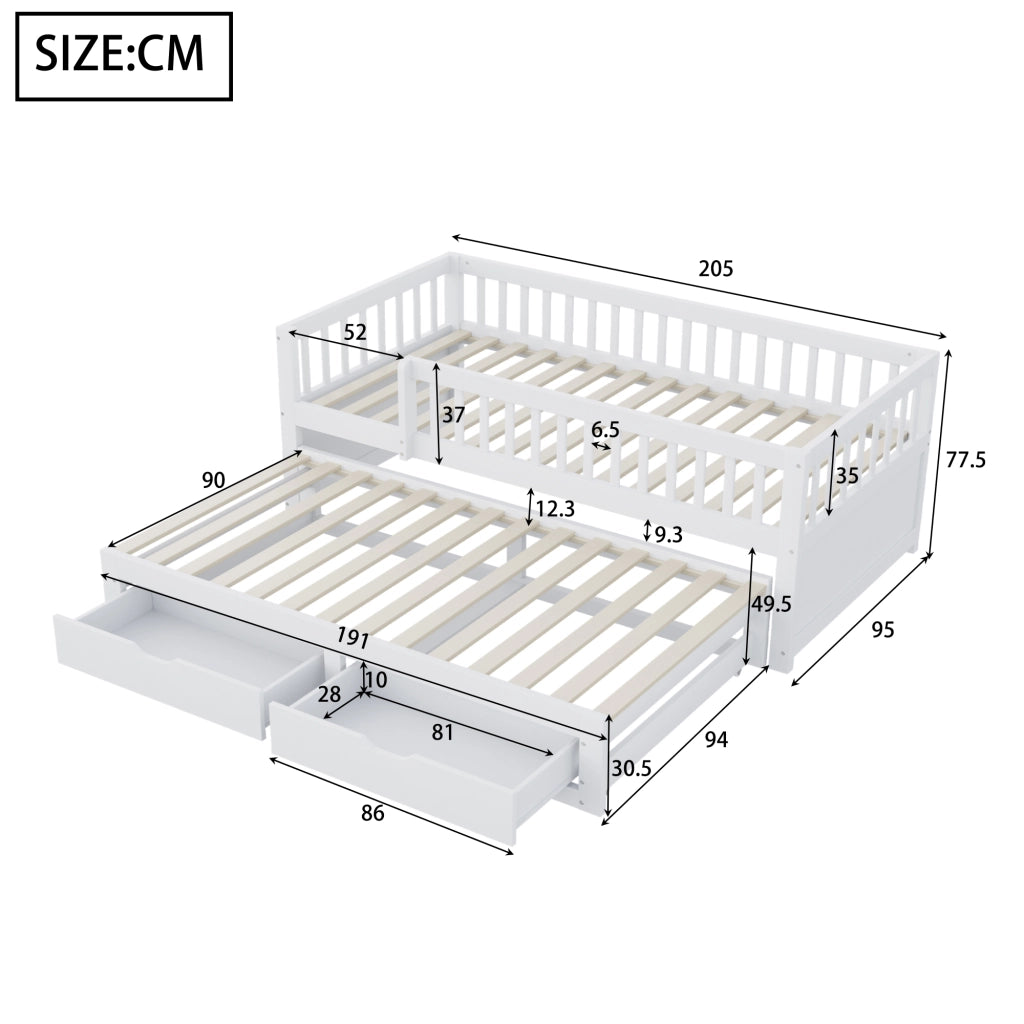 Divano letto in legno multifunzionale con letto estraibile, due cassetti e sponda di sicurezza bianca 90 × 200 cm