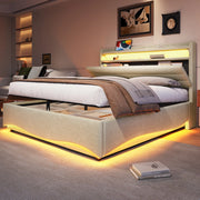 Letto imbottito 140x200 cm con contenitore idraulico; LED; USB e Type-C; in lino beige
