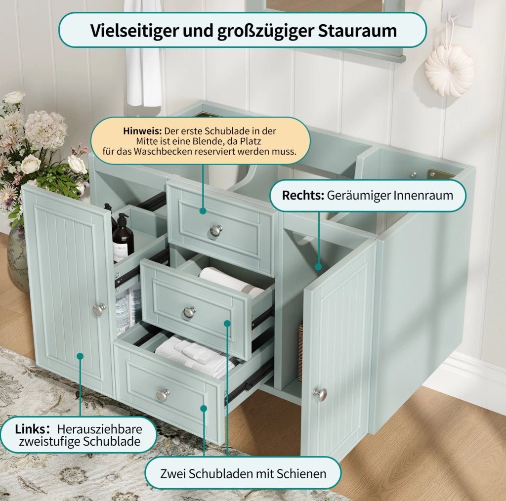 Mobile sospeso verde per lavabo con cassetti e vano laterale 78,5 cm