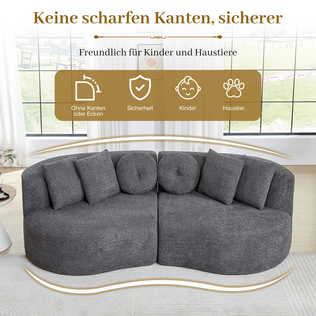 Divano modulare a 2 moduli in chenille senza braccioli con schienale ergonomico e 6 cuscini grigio antracite