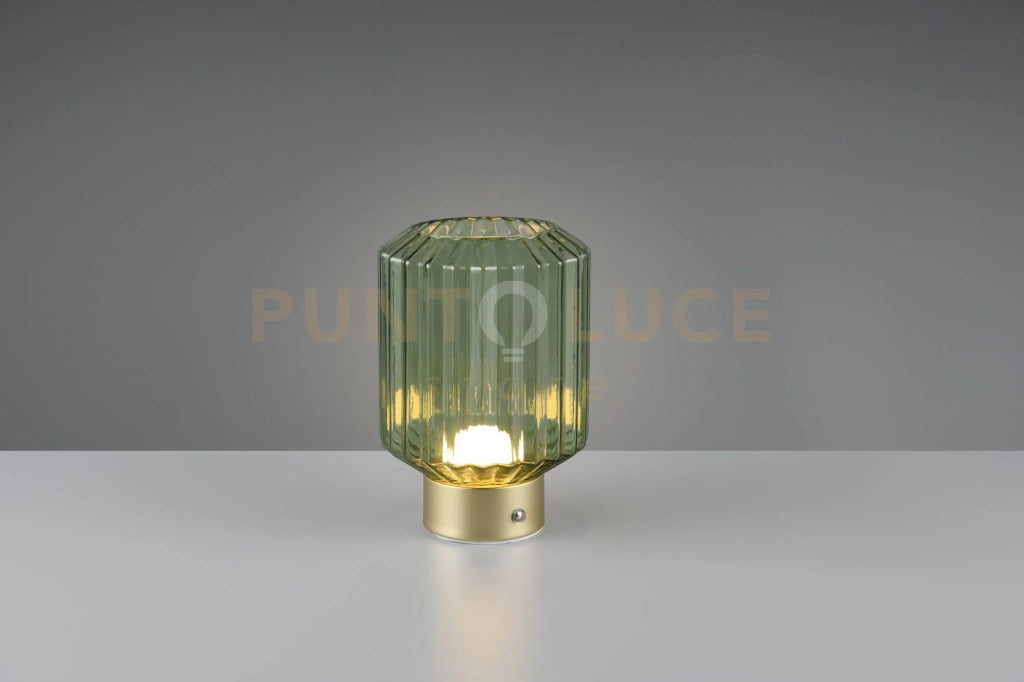 LORD LAMPADA DA TAVOLO RICARICABILE METALLO OTTONE SATINATO E VETRO RIGATO VERDE REGOLAZIONE INTESITA' TOUCH H.19,5CM LED 1,5W 100lm, 3000K