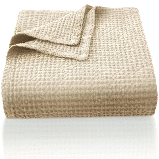 Deken in cotone 100% 270 x 230 cm, morbido e respirante coprifuoco, tessuto a waffle leggero deken per divano, deken morbido e accogliente per salotto, divano beige