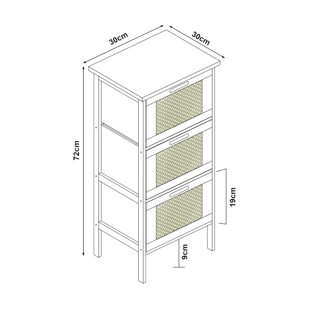 Cassettiera Tervola con 3 Cassetti in Bambù - Nero / Naturale / Effetto Rattan [en.casa]